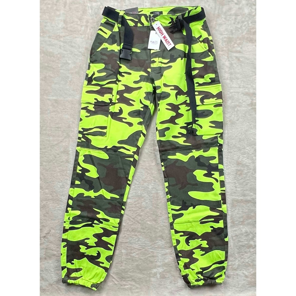 NWT New Redfox Neon Green Camo Cargo Pants High Waisted Belted Joggers Size S